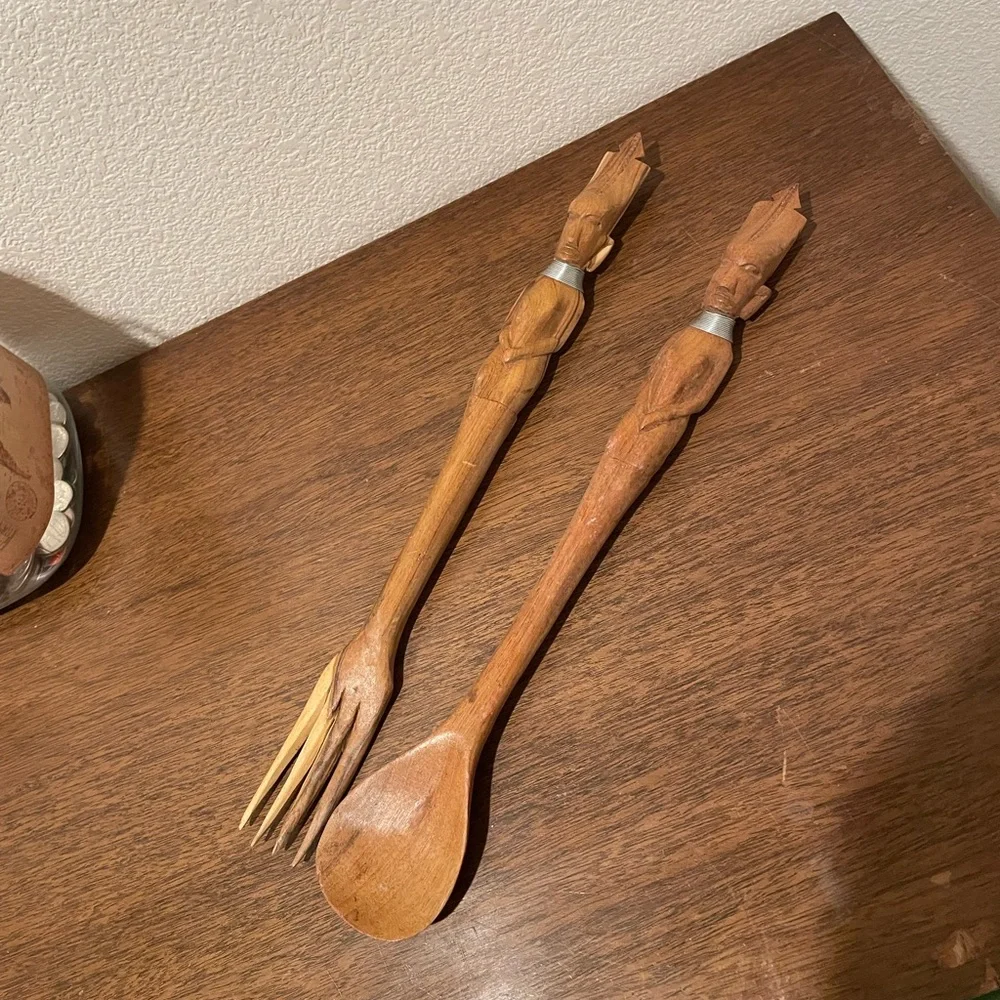 Vintage Wood Carved African Tribal Salad Utensils Serving Set